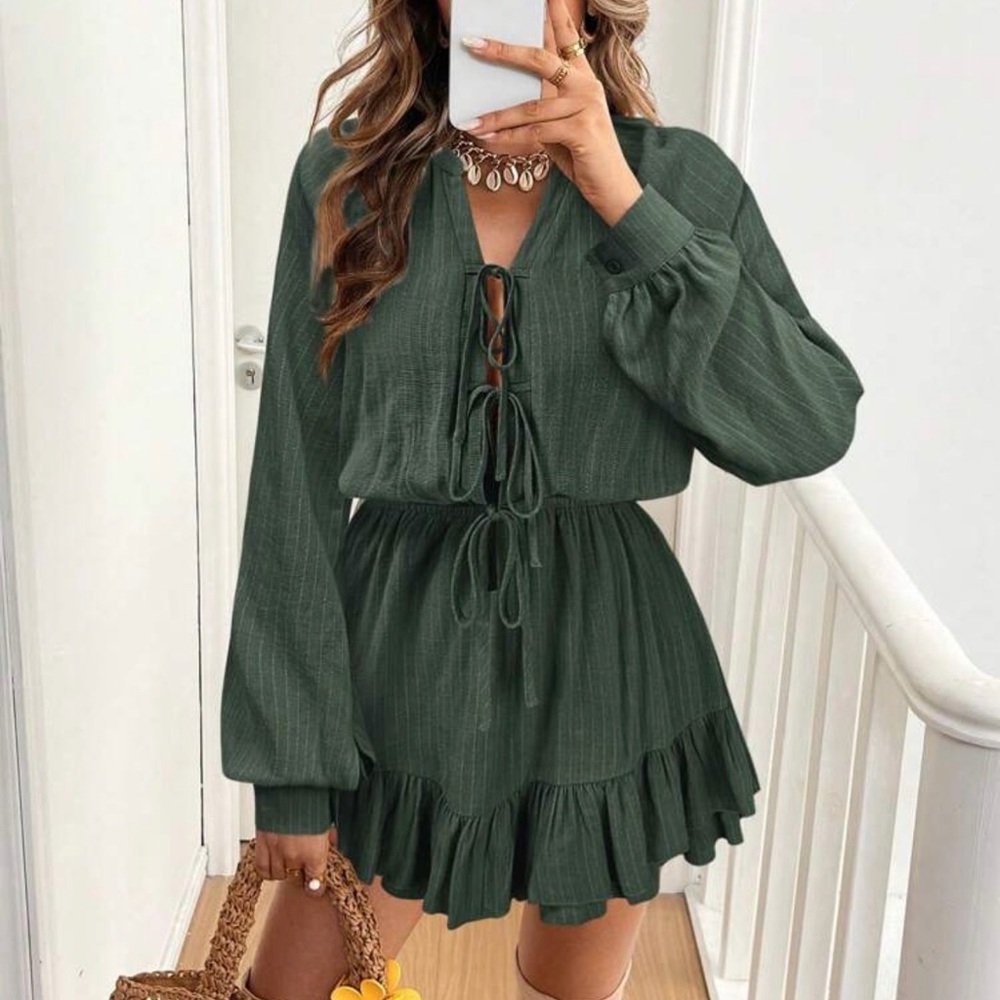 Tie-Front Ruffle Hem Romper in Forest Green